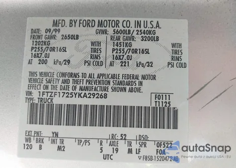 2000 Ford F-150 Work Series/Xl/Xlt из США, поврежденный, VIN 1FTZF1725YKA29268